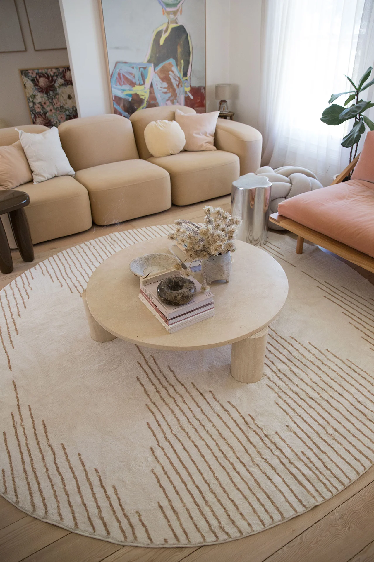 Lyra Ivory and Brown Diamond Stripe Washable Round Rug - Image 6