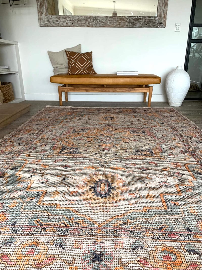Zola Blue Orange and Yellow Floral Distressed Rug - Image 6